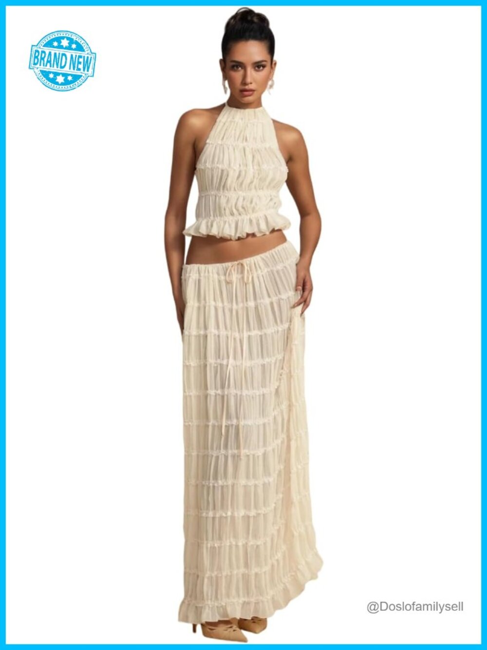 Chiffon Halter Backless Crop Top & Tulle Ruffle Maxi Skirt Set